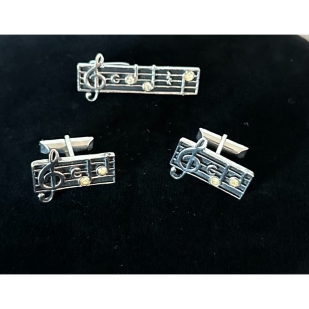 Vintage 1970s Swank Music Clef Notes Musical Symbols Cufflinks/Tie Clip Set MCM